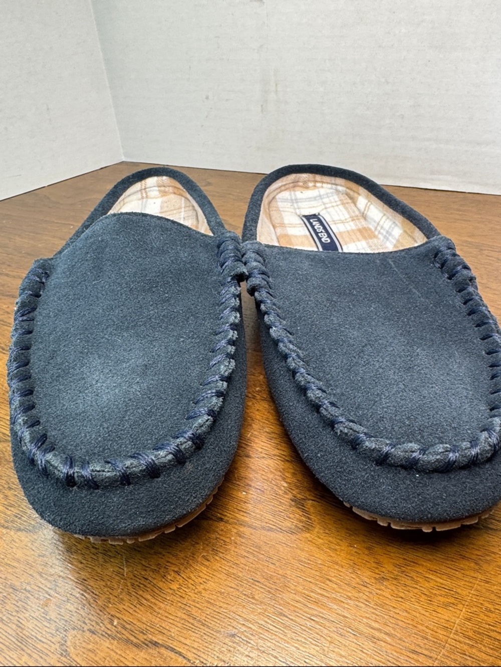 NWOT Lands End Suede Slip-on Moccasin Mules Hard-sole Slippers Navy, Womens 9 - Picture 3 of 13